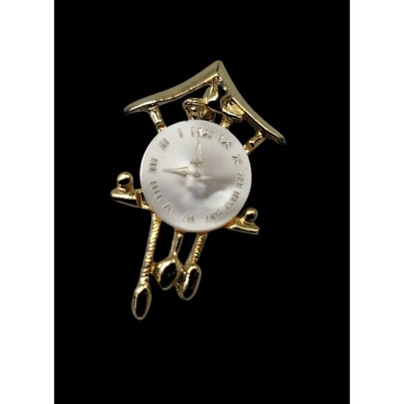 Cuckoo Clock Brooch Mother Of Pearl Roman Numerals Gold Tone - Picture 3 of 7
